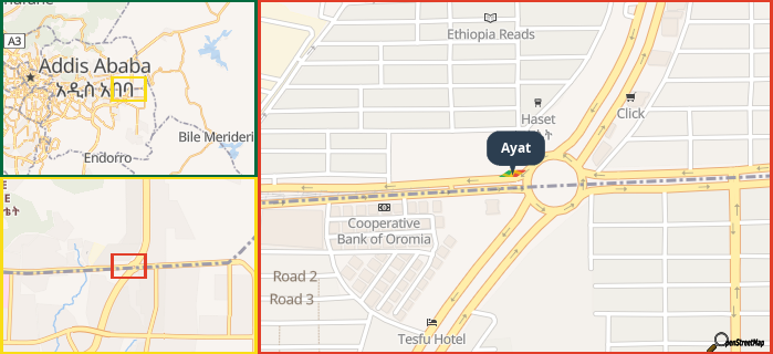 Map showing the address of Ayat in three different zoom levels.