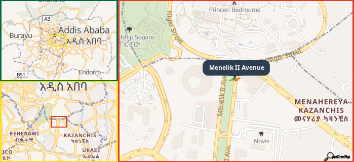 Map showing the address of Menelik II Avenue in three different zoom levels.