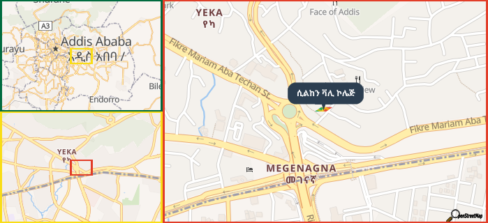 Map showing the address of ሲልከን ቫሊ ኮሌጅ in three different zoom levels.
