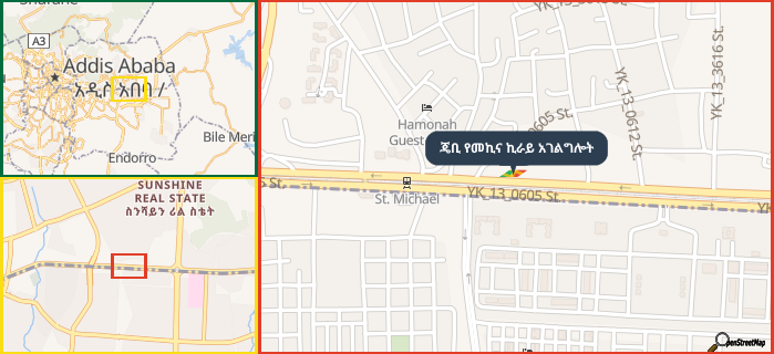 Map showing the address of ጄቢ የመኪና ኪራይ አገልግሎት in three different zoom levels.