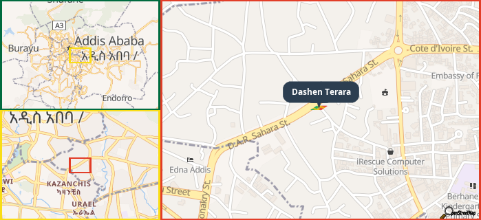 Map showing the address of Dashen Terara in three different zoom levels.