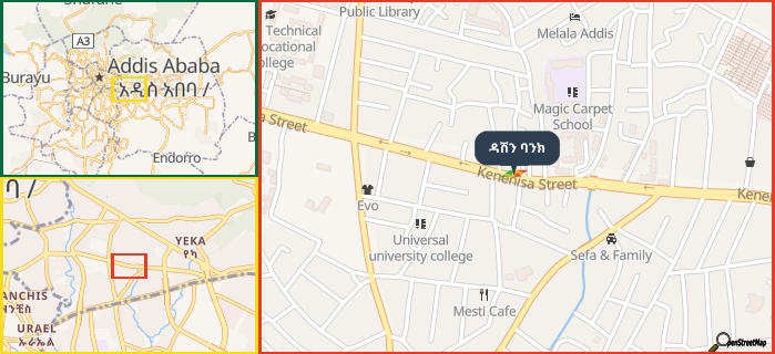 Map showing the address of ዳሽን ባንክ in three different zoom levels.