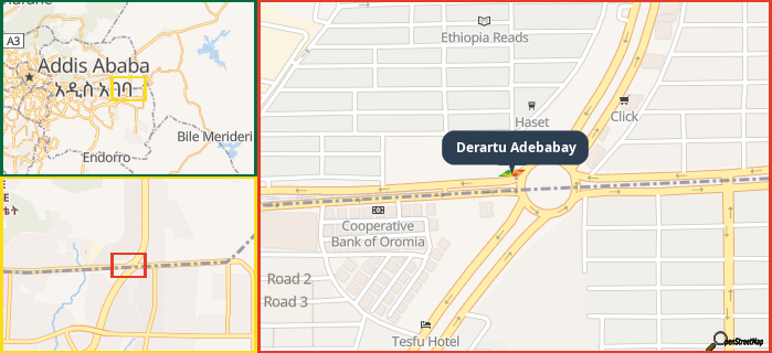 Map showing the address of Derartu Adebabay in three different zoom levels.