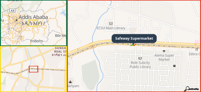 Map showing the address of Safeway Supermarket in three different zoom levels.