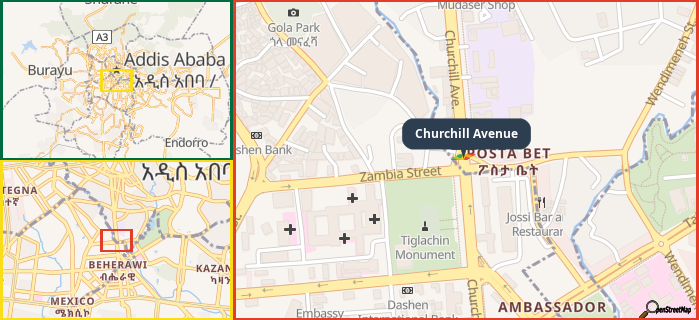 Map showing the address of Churchill Avenue in three different zoom levels.