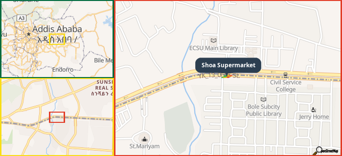 Map showing the address of Shoa Supermarket in three different zoom levels.