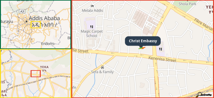 Map showing the address of Christ Embassy in three different zoom levels.