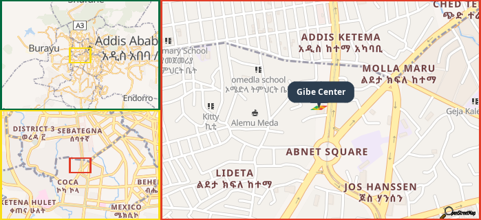 Map showing the address of Gibe Center in three different zoom levels.