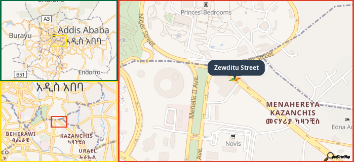 Map showing the address of Zewditu Street in three different zoom levels.