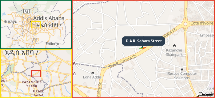 Map showing the address of D.A.R. Sahara Street in three different zoom levels.