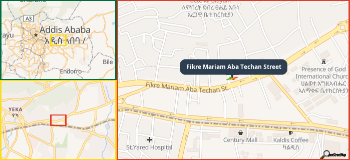 Map showing the address of Fikre Mariam Aba Techan Street in three different zoom levels.