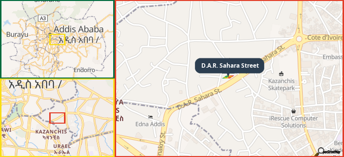 Map showing the address of D.A.R. Sahara Street in three different zoom levels.