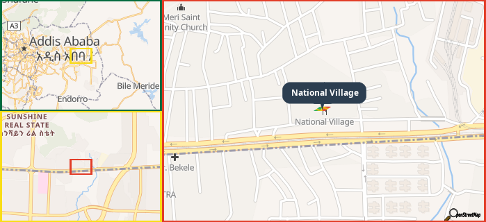 Map showing the address of National Village in three different zoom levels.