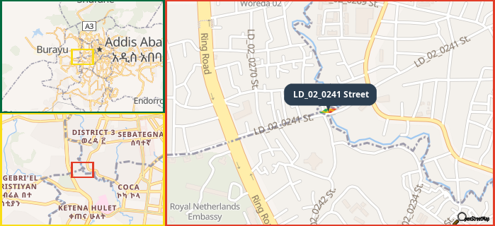 Map showing the address of LD_02_0241 Street in three different zoom levels.