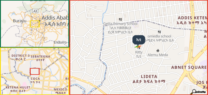 Map showing the address of ኪቲ in three different zoom levels.