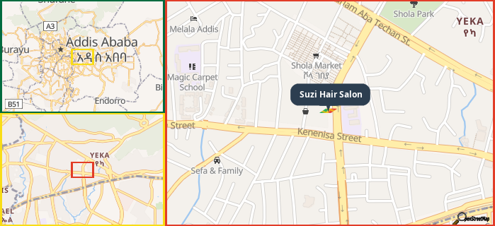 Map showing the address of Suzi Hair Salon in three different zoom levels.
