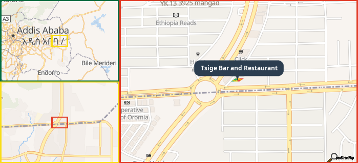 Map showing the address of Tsige Bar and Restaurant in three different zoom levels.