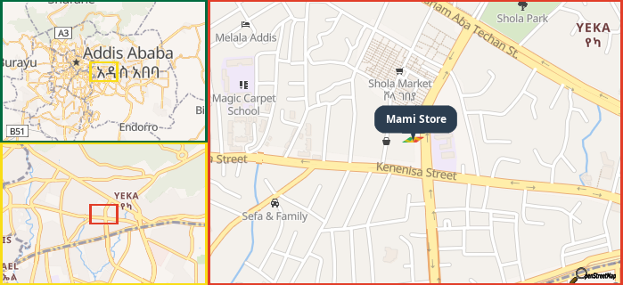 Map showing the address of Mami Store in three different zoom levels.