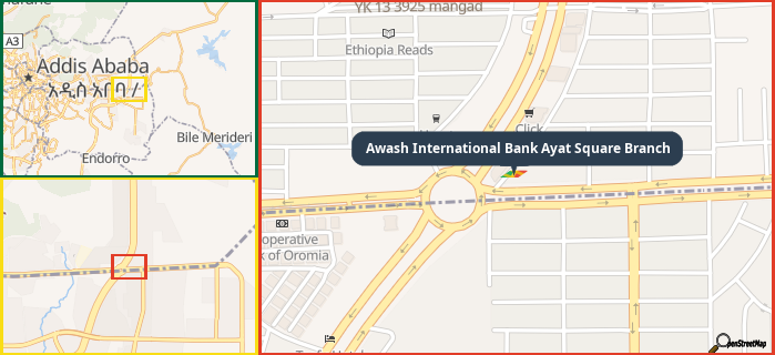 Map showing the address of Awash International Bank Ayat Square Branch in three different zoom levels.