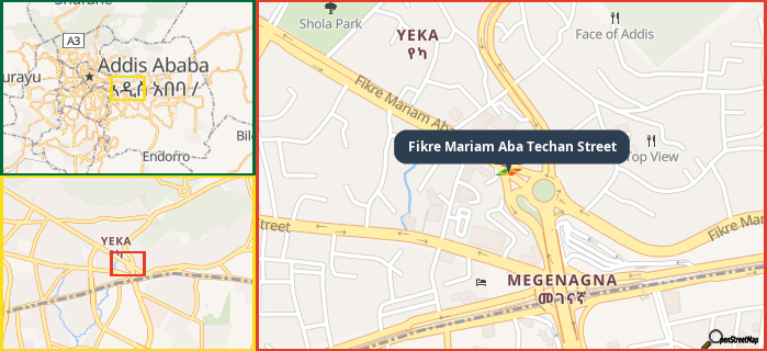 Map showing the address of Fikre Mariam Aba Techan Street in three different zoom levels.