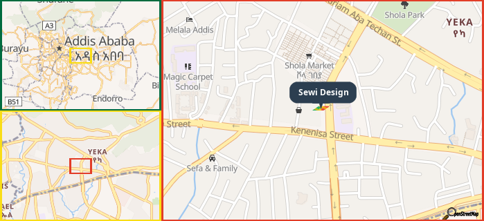 Map showing the address of Sewi Design in three different zoom levels.