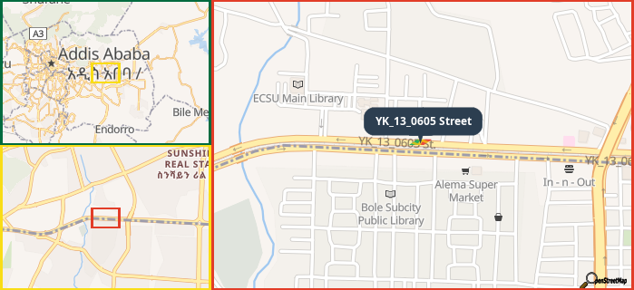 Map showing the address of YK_13_0605 Street in three different zoom levels.