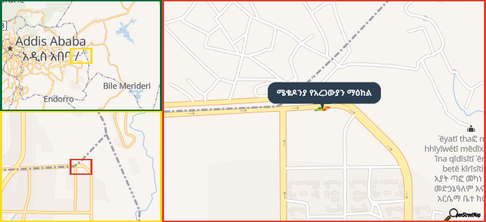 Map showing the address of ሜቄዶንያ የአረጋውያን ማዕከል in three different zoom levels.