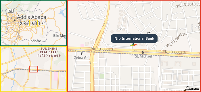 Map showing the address of Nib International Bank in three different zoom levels.