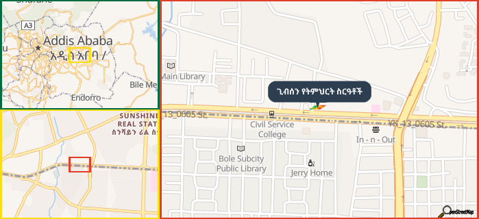 Map showing the address of ጊብሰን የትምህርት ስርዓቶች in three different zoom levels.