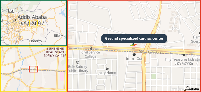 Map showing the address of Gesund specialized cardiac center in three different zoom levels.