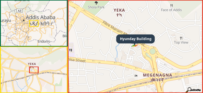 Map showing the address of Hyunday Building in three different zoom levels.