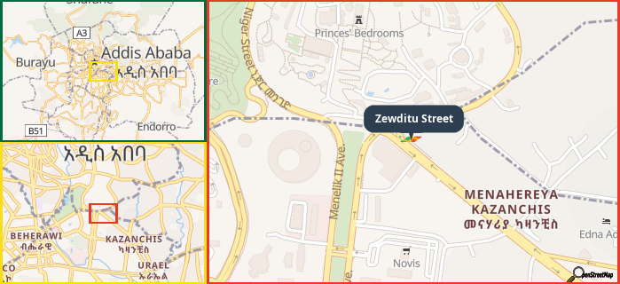Map showing the address of Zewditu Street in three different zoom levels.