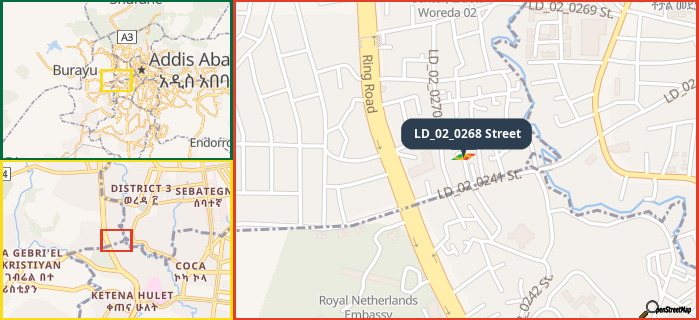 Map showing the address of LD_02_0268 Street in three different zoom levels.