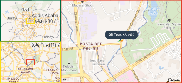 Map showing the address of Oli Tour, ኦሊ ታወር in three different zoom levels.