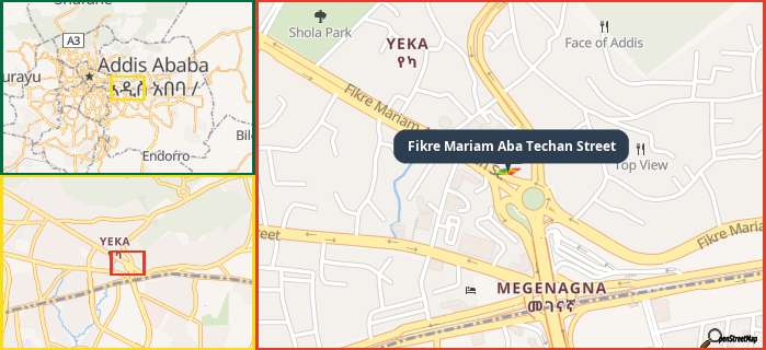 Map showing the address of Fikre Mariam Aba Techan Street in three different zoom levels.