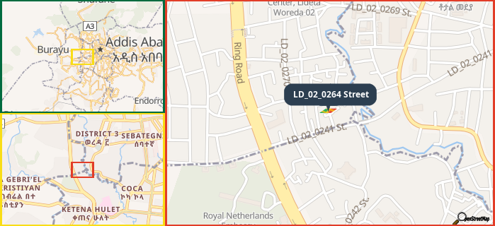 Map showing the address of LD_02_0264 Street in three different zoom levels.