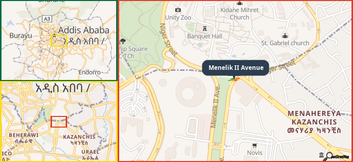 Map showing the address of Menelik II Avenue in three different zoom levels.