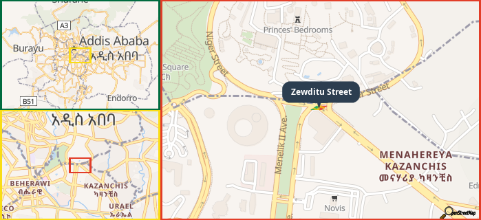 Map showing the address of Zewditu Street in three different zoom levels.