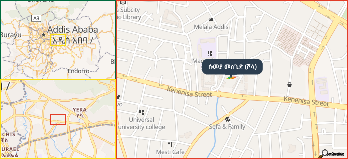 Map showing the address of ሱመያ መስጊድ (ሾላ) in three different zoom levels.