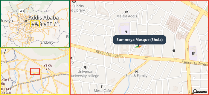 Map showing the address of Summeya Mosque (Shola) in three different zoom levels.