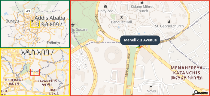Map showing the address of Menelik II Avenue in three different zoom levels.