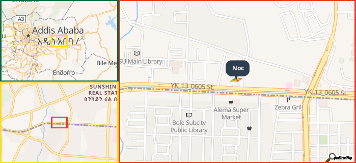 Map showing the address of Noc in three different zoom levels.