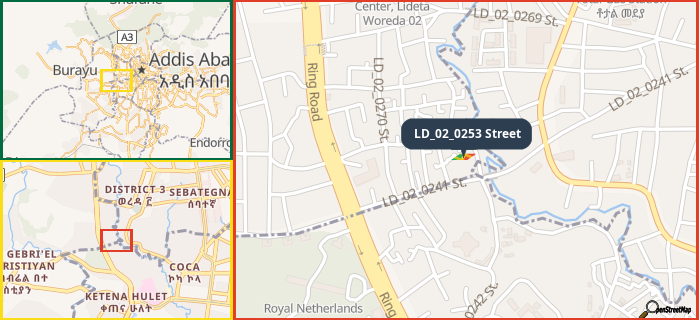 Map showing the address of LD_02_0253 Street in three different zoom levels.
