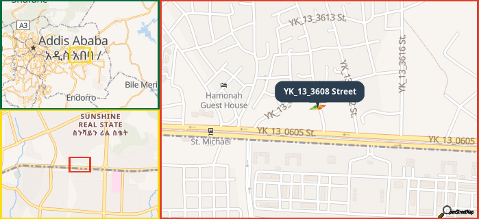 Map showing the address of YK_13_3608 Street in three different zoom levels.