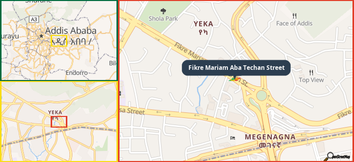 Map showing the address of Fikre Mariam Aba Techan Street in three different zoom levels.