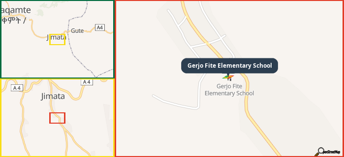 Map showing the address of Gerjo Fite Elementary School in three different zoom levels.