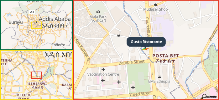 Map showing the address of Gusto Ristorante in three different zoom levels.