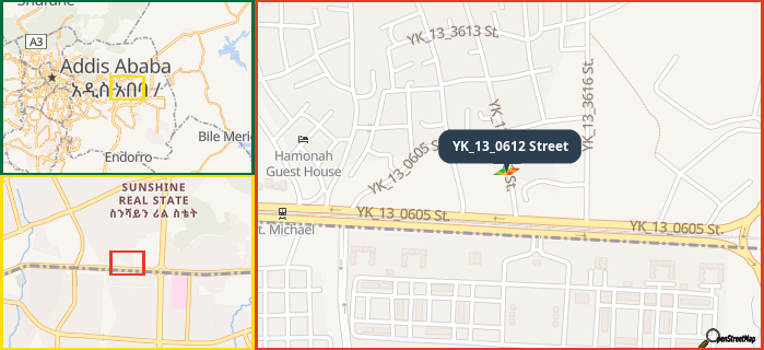 Map showing the address of YK_13_0612 Street in three different zoom levels.