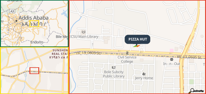 Map showing the address of PIZZA HUT in three different zoom levels.