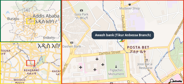 Map showing the address of Awash bank (Tikur Anbessa Branch) in three different zoom levels.